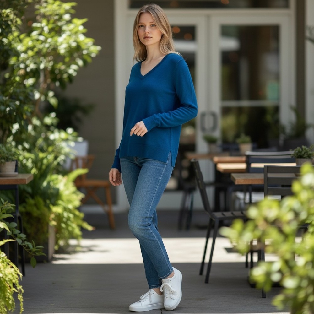 Katherine Barclay Teal Blue 100% Merino Wool V-Neck Sweater Small CU9902-4109